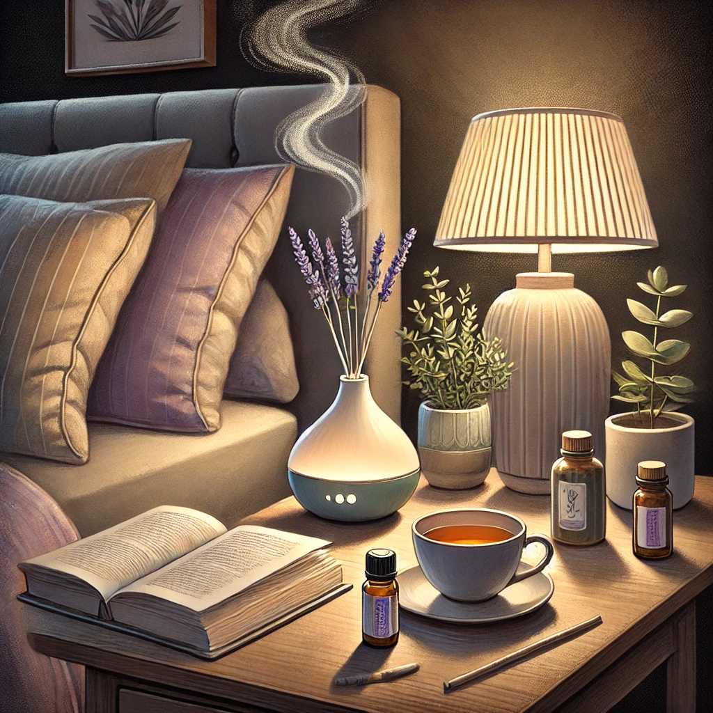 Illustration d'une chambre apaisante de nuit avec diffuseur de lavande, tisane, et lumière douce pour favoriser le sommeil.